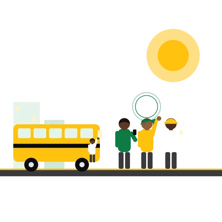 A yellow danfo bus with its conductor waving, and three people chatting on their phones beside it