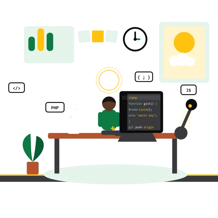 A developer at a tidy desk writing code on a laptop, with a plant and a cup beside them