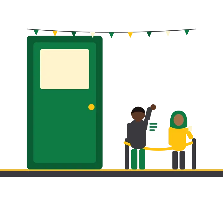 A host at a green doorway with a rope line, checking a list while a guest waits to enter