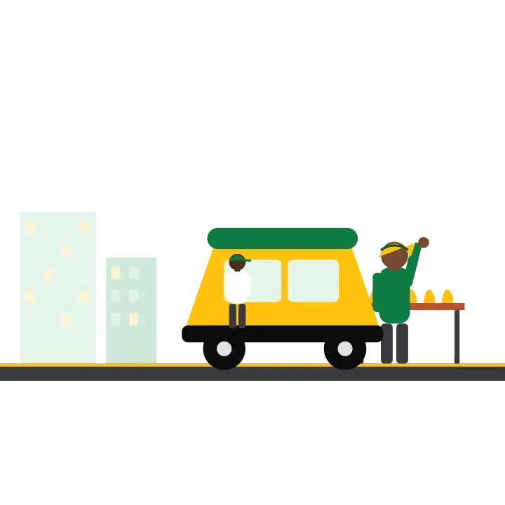 A yellow keke napep driving past a plantain stand