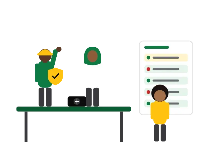 A moderator with a shield badge at a table with a mute button and a list of logged actions, with two members beside them