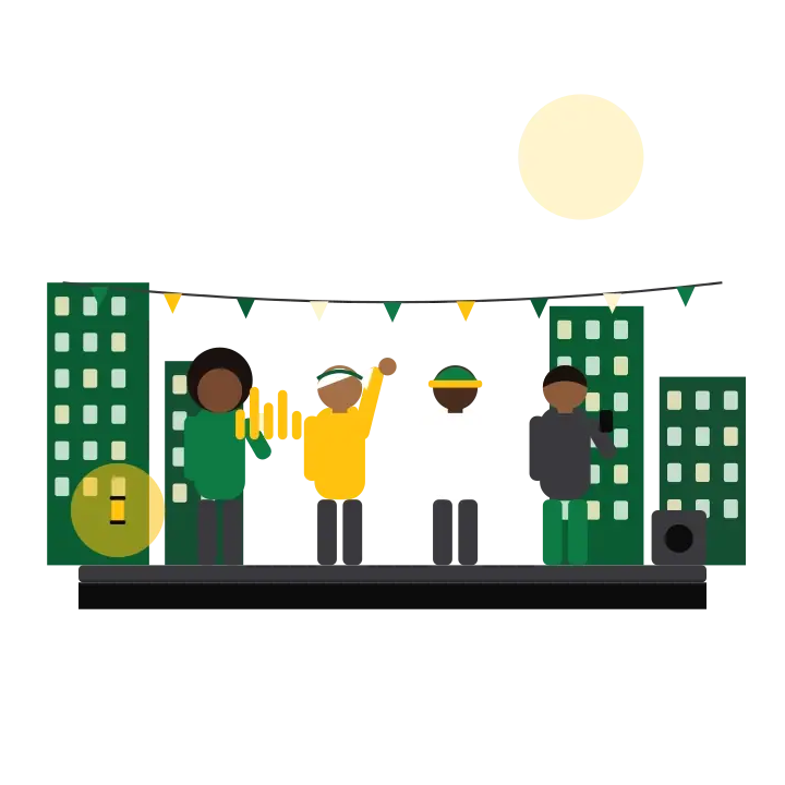 Four friends on a rooftop at night with a speaker, string lights and the city behind them