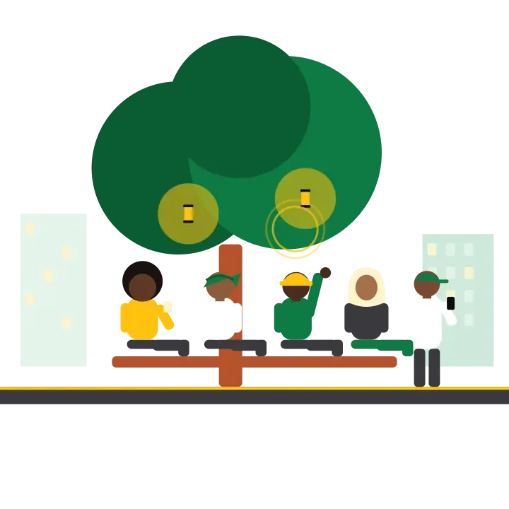 Friends gathered under a big tree on a village square, talking in a circle